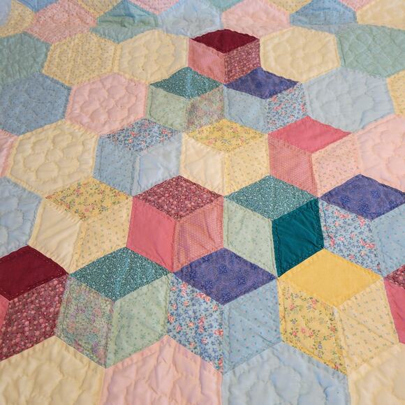 Handmade Hexagon Patchwork Quilt 51x39 Vintage Pastel 1990 Baby Lap Throw - Picture 2 of 16